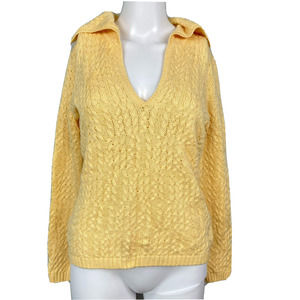 Talbots Sweater Womens‎ Sz P Petite Yellow Cotton Cable Knit V Neck Collared